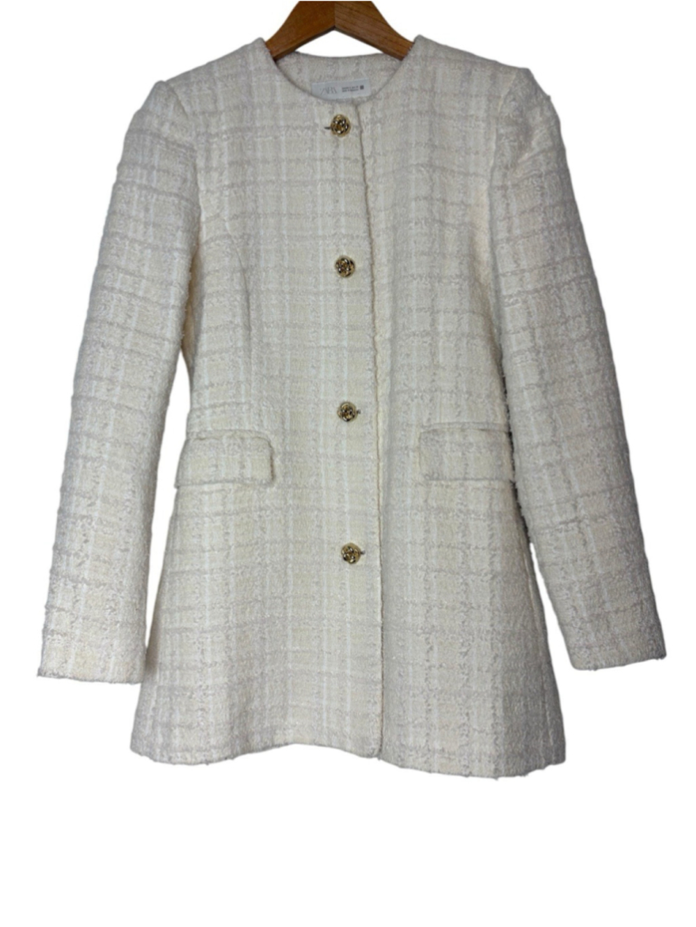 Zara Tweed Bouclé Blazer Jacket Ivory Cream Longline Gold Buttons Size S - Picture 5 of 12